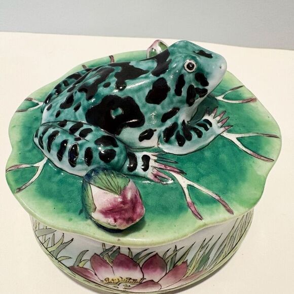 VTG Frog Lily Pad Trinket Box Ceramic Lotus Flower - Picture 5 of 10